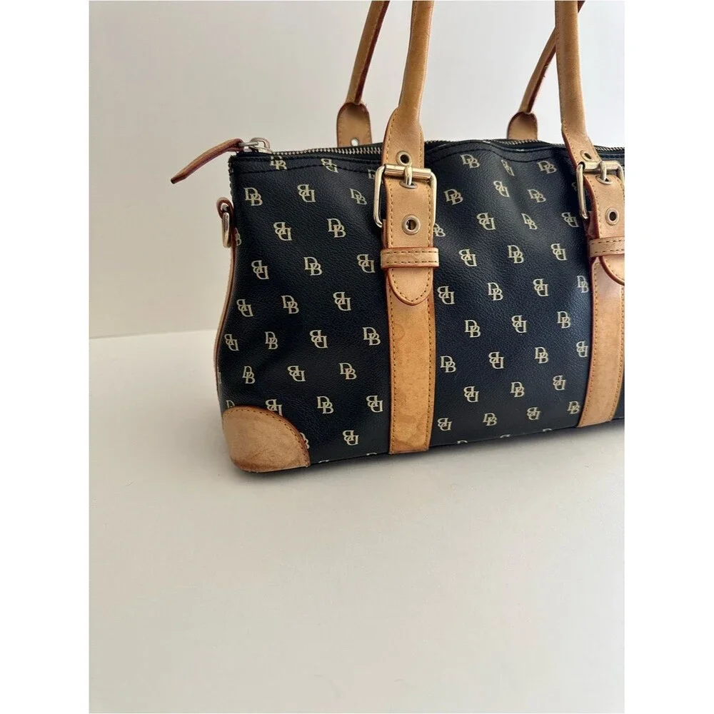 Dooney & Bourke y2k Black Boston Monogram Tan Leather Trim Satchel